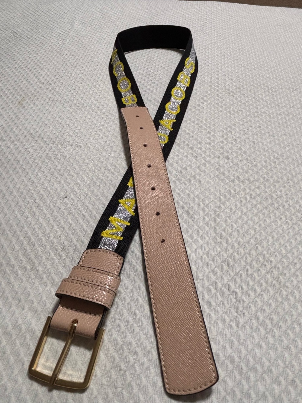 Marc Jacobs Black Logo Web Strap with Blush Leather and Gold Buckle